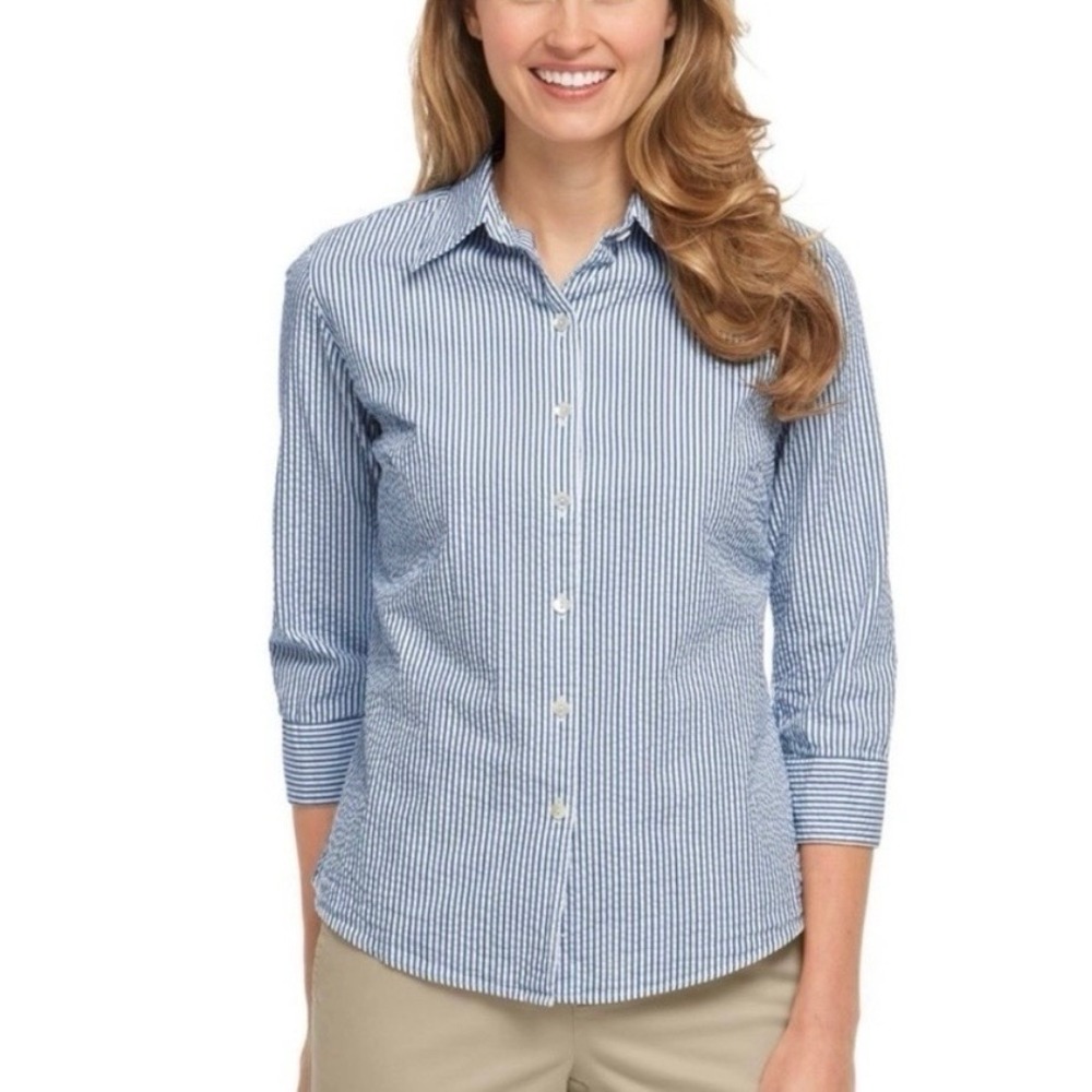 LL Bean Blue White Stripe 3/4 Sleeve‎ Button Up Cotton Seersucker Shirt LARGE - Picture 2 of 11
